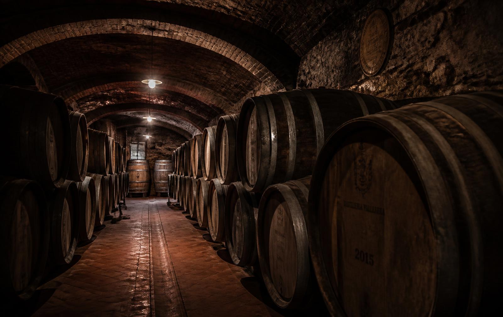 Rows of oak casks maturing in a vaulted stone cellar