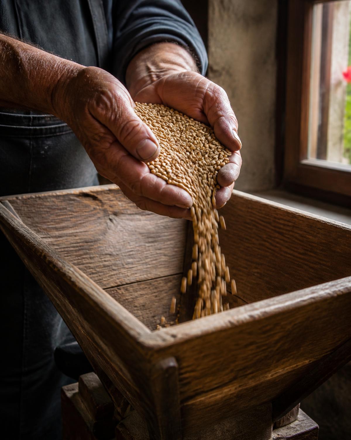 Malted grain falling from a hand into a wooden mill hopper
