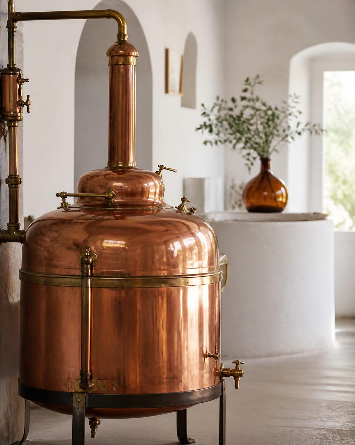 Copper pot still in the whitewashed distillery room